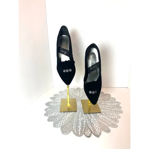 Vintage Tavoy Blk Velvet Rhinestone Pleated Fan Pointed Toe Stiletto Pumps Heel - Picture 2 of 10